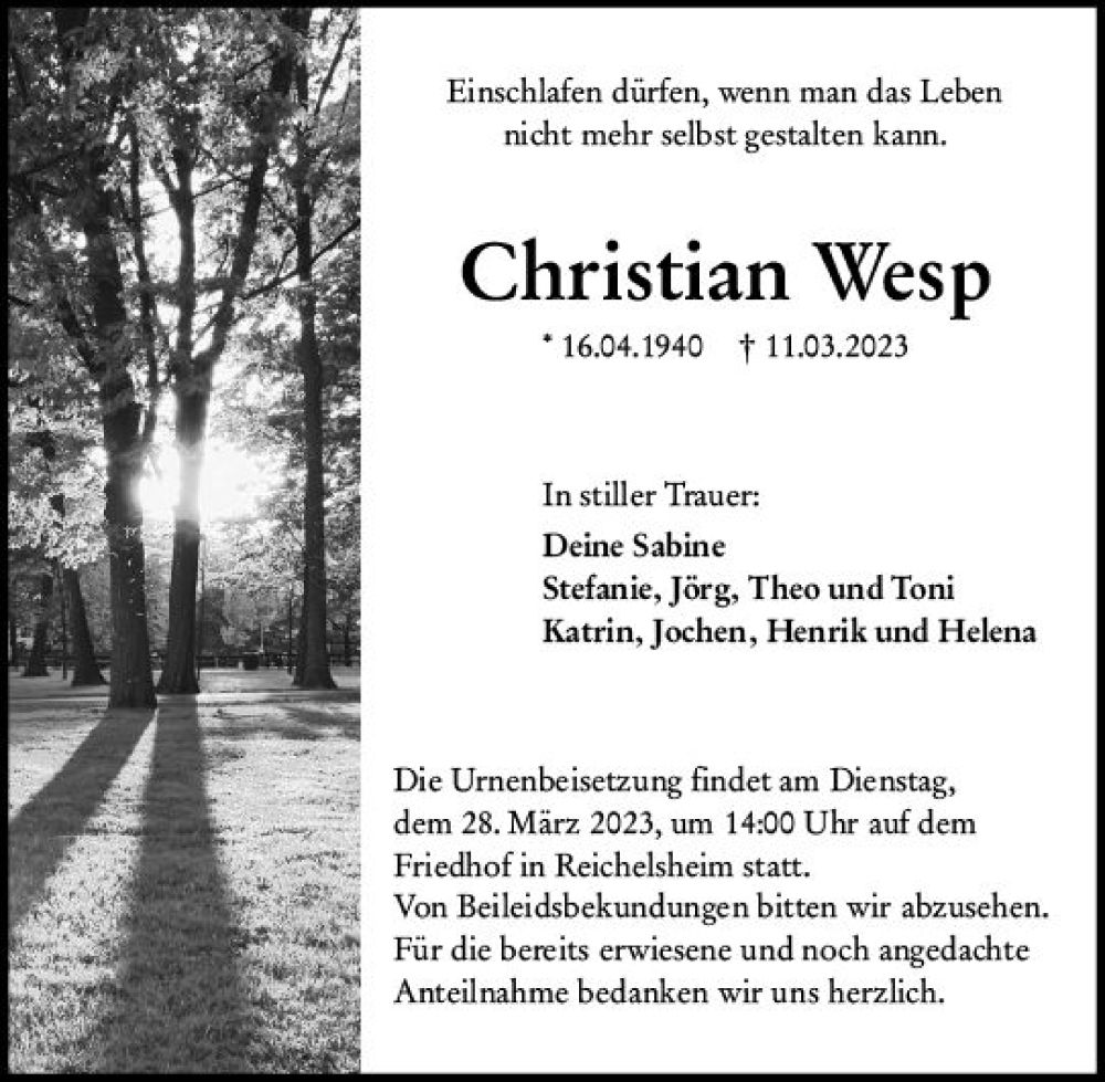  Traueranzeige für Christian Wesp vom 25.03.2023 aus Odenwälder Echo