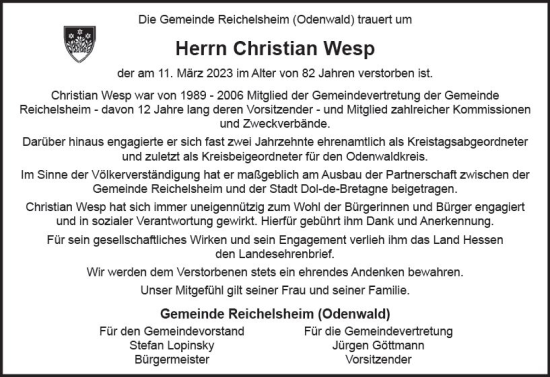 Traueranzeige von Christian Wesp von Odenwälder Echo