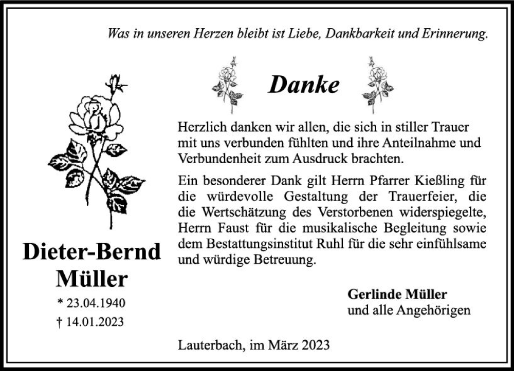 Traueranzeige für Dieter-Bernd Müller vom 11.03.2023 aus Oberhessen Kurier