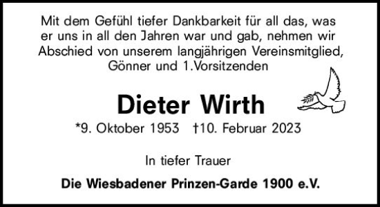 Traueranzeige von Dieter Wirth von Wiesbadener Kurier