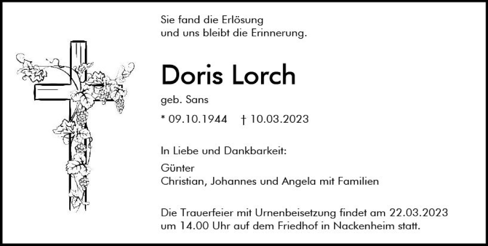 Traueranzeige für Doris Lorch vom 18.03.2023 aus Allgemeine Zeitung Mainz