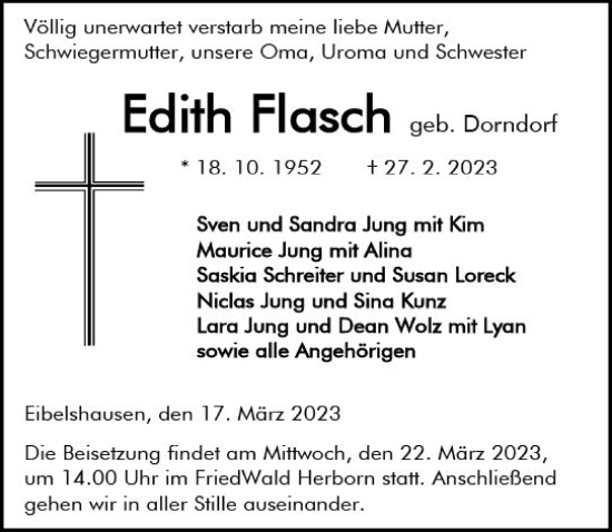 Traueranzeige von Edith Flasch von Dill Block