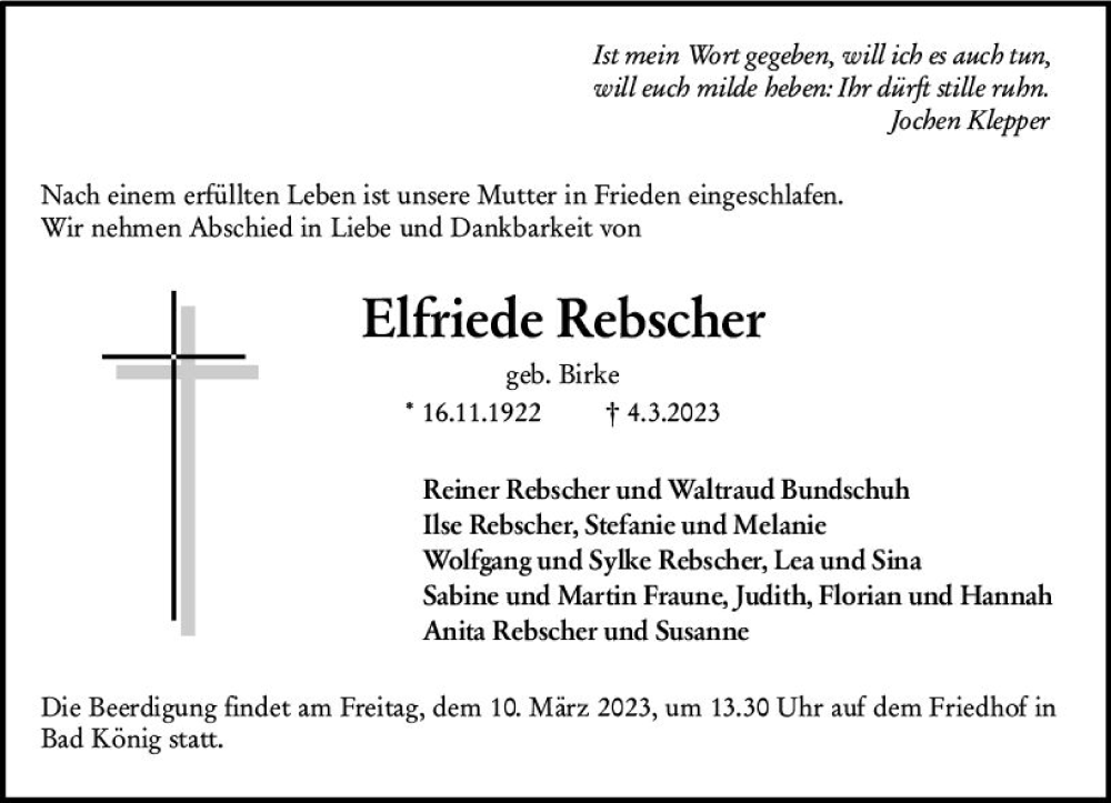  Traueranzeige für Elfriede Rebscher vom 08.03.2023 aus Odenwälder Echo