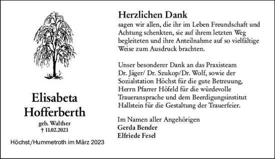 Traueranzeige von Elisabeta Hofferberth von Odenwälder Echo