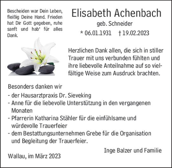 Traueranzeige von Elisabeth Achenbach von Hinterländer Anzeiger