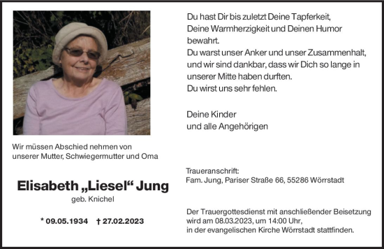 Traueranzeige von Elisabeth Jung von Allgemeine Zeitung Alzey