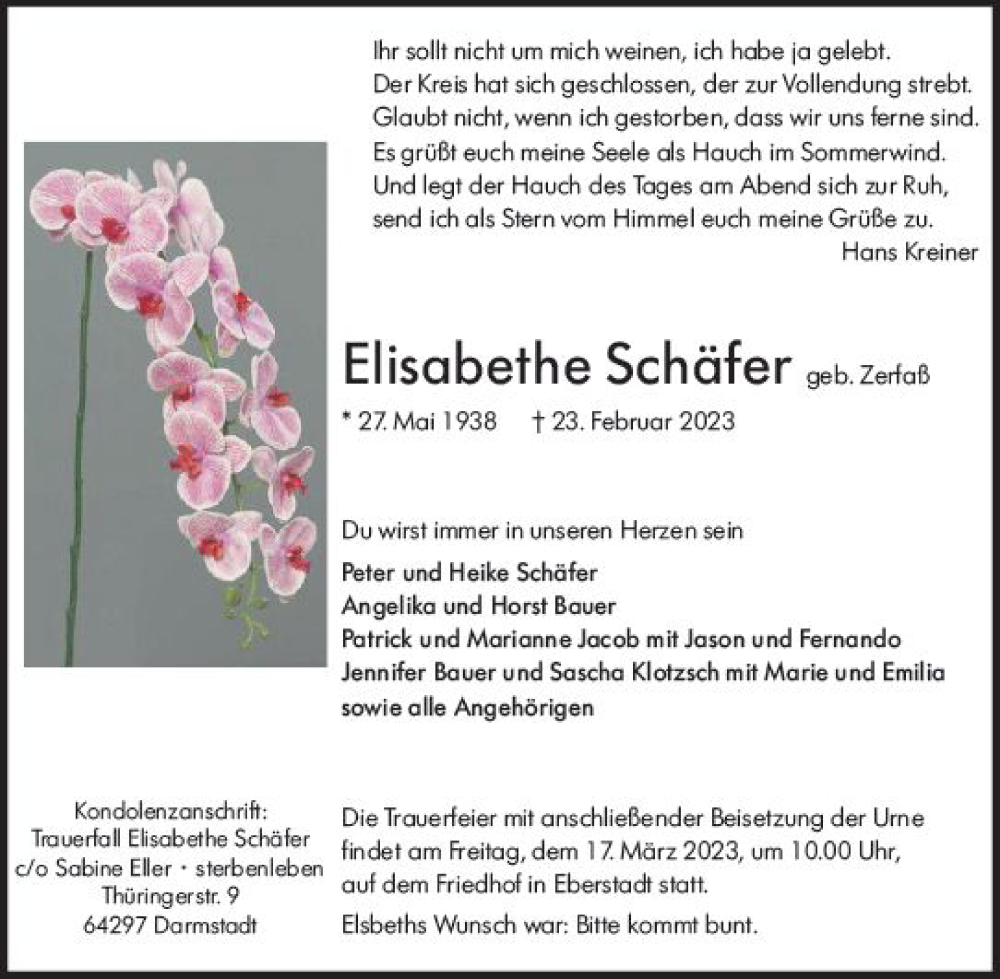  Traueranzeige für Elisabethe Schäfer vom 04.03.2023 aus Darmstädter Echo