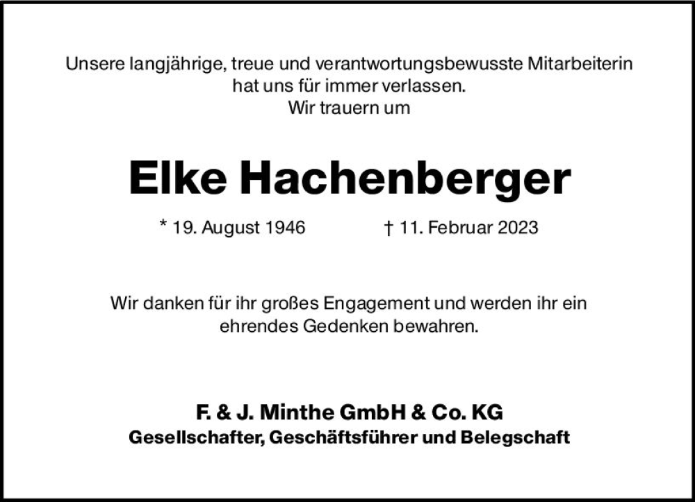  Traueranzeige für Elke Hachenberger vom 18.03.2023 aus Allgemeine Zeitung Mainz