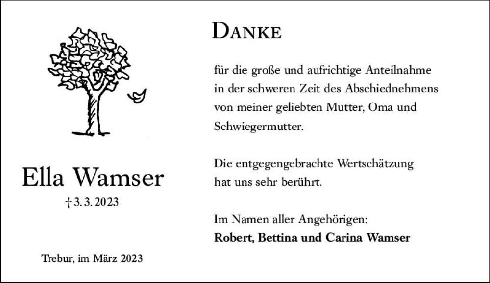  Traueranzeige für Ella Wamser vom 31.03.2023 aus Groß-Gerauer Echo