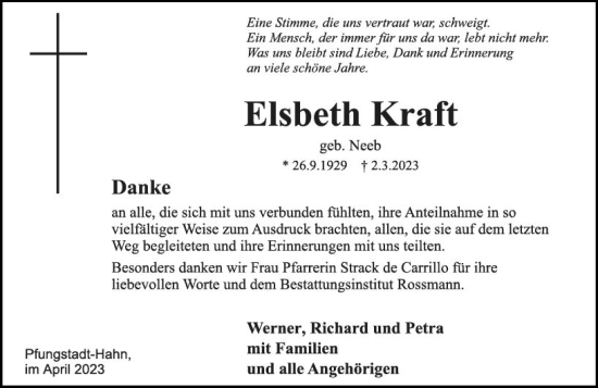 Traueranzeige von Elsbeth Kraft von Darmstädter Echo