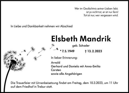 Traueranzeige von Elsbeth Mandrik von Groß-Gerauer Echo