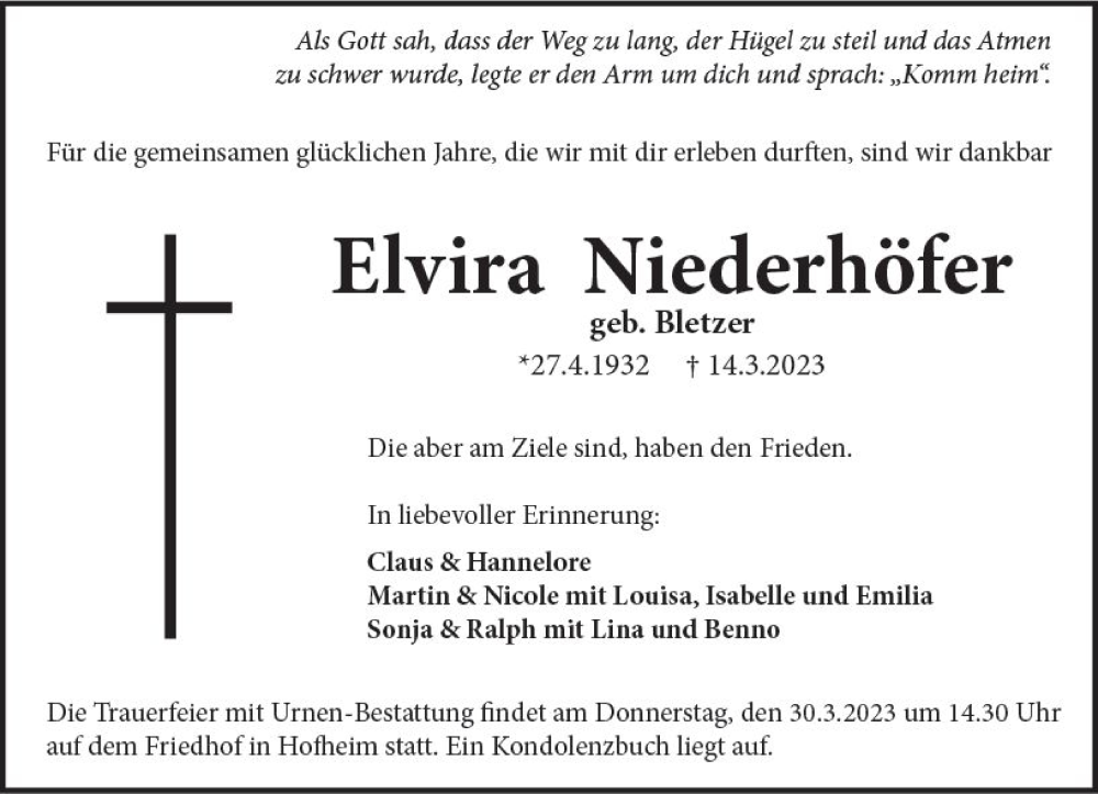  Traueranzeige für Elvira Niederhöfer vom 25.03.2023 aus Starkenburger Echo