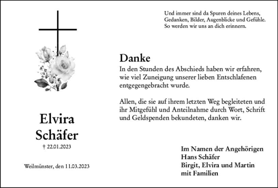 Traueranzeige von Elvira Schäfer von Weilburger Tageblatt