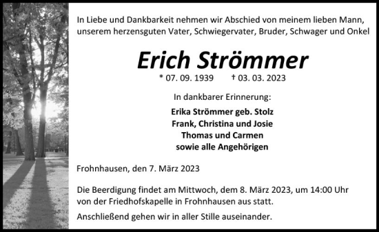 Traueranzeige von Erich Strömmer von Dill Block