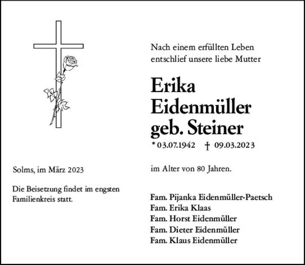  Traueranzeige für Erika Eidenmüller vom 15.03.2023 aus Wetzlarer Neue Zeitung