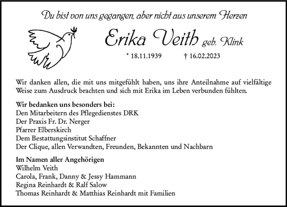  Traueranzeige für Erika Veith vom 01.04.2023 aus Groß-Gerauer Echo