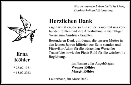 Traueranzeige von Erna Köhler von Oberhessen Kurier
