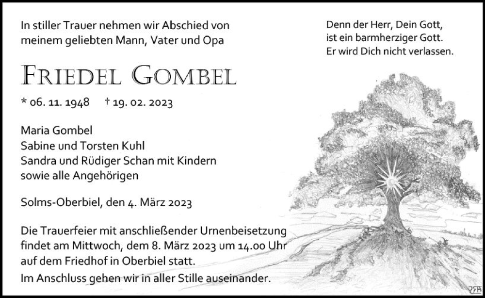  Traueranzeige für Friedel Gombel vom 04.03.2023 aus Wetzlarer Neue Zeitung