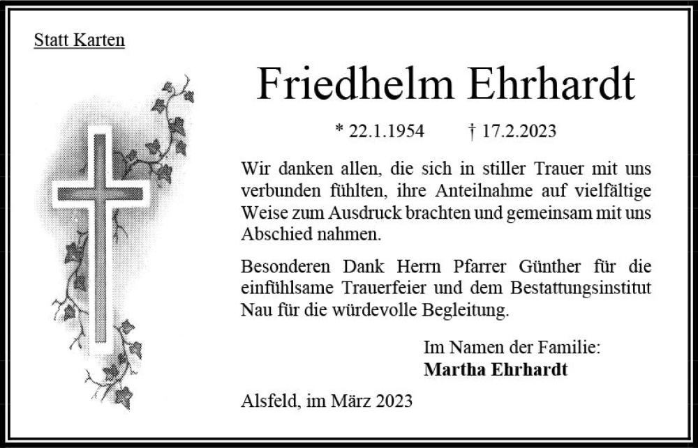  Traueranzeige für Friedhelm Ehrhardt vom 25.03.2023 aus Oberhessen Kurier