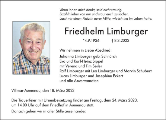 Traueranzeige von Friedhelm Limburger von Weilburger Tageblatt