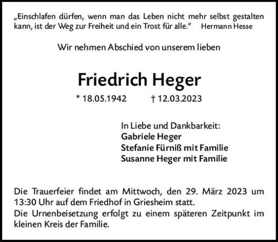 Traueranzeige von Friedrich Heger von Darmstädter Echo