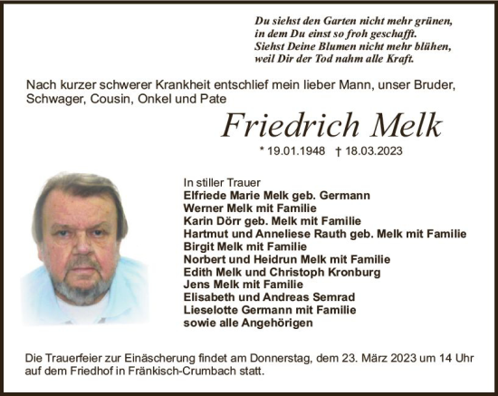 Traueranzeige von Friedrich Melk von Odenwälder Echo