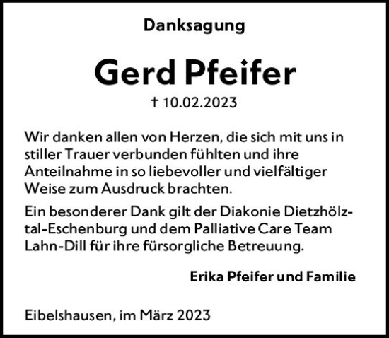 Traueranzeige von Gerd Pfeifer von Dill Block
