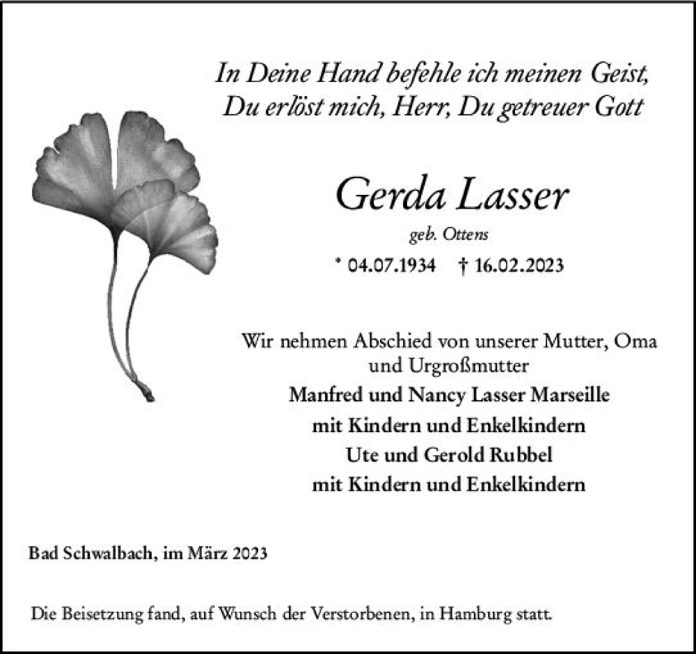  Traueranzeige für Gerda Lasser vom 01.03.2023 aus Wiesbadener Kurier