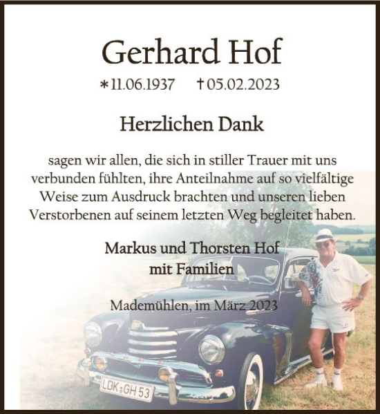 Traueranzeige von Gerhard Hof von Dill Block
