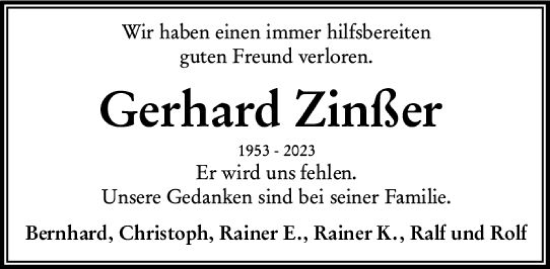Traueranzeige von Gerhard Zinßer von VRM Trauer