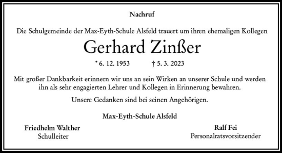 Traueranzeige von Gerhard Zinßer von VRM Trauer