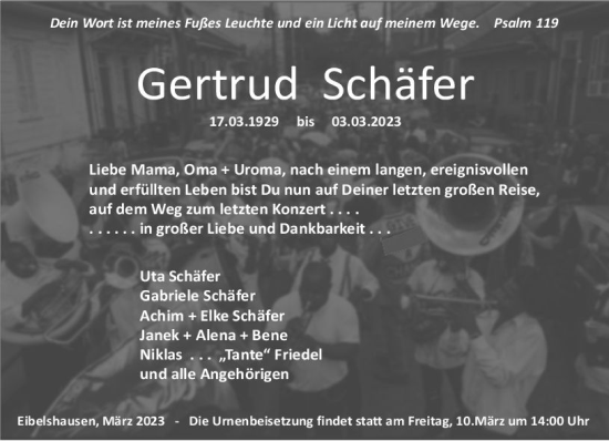 Traueranzeige von Gertrud Schäfer von Dill Block