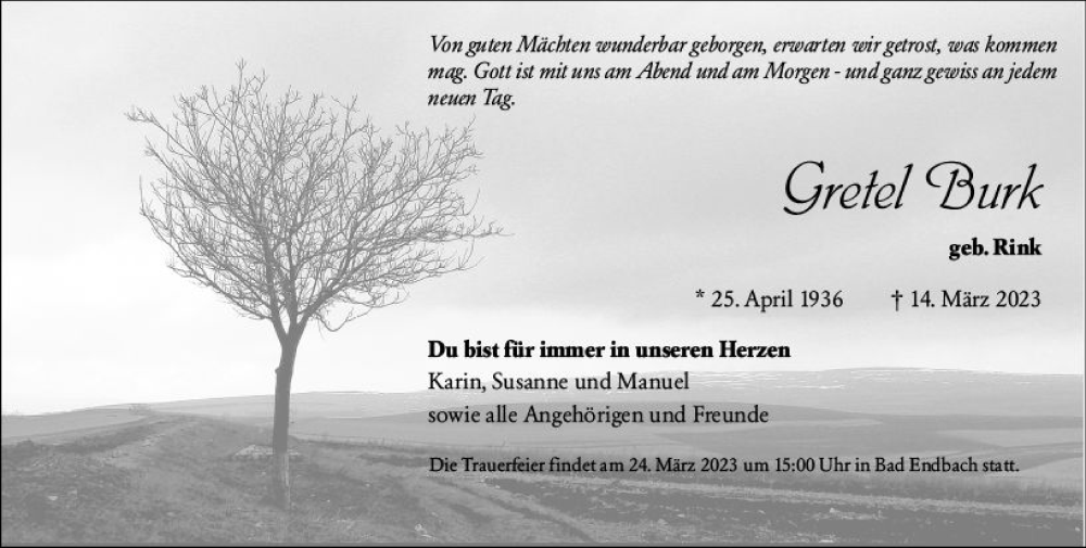  Traueranzeige für Gretel Burk vom 16.03.2023 aus Hinterländer Anzeiger