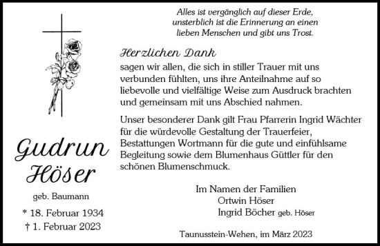 Traueranzeige von Gudrun Höser von Wiesbadener Kurier