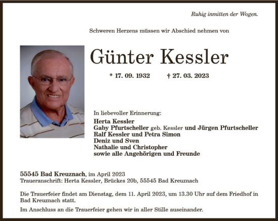 Traueranzeige von Günter Kessler von Allgemeine Zeitung Bad Kreuznach