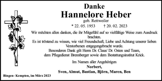 Traueranzeige von Hannelore Heber von Allgemeine Zeitung Bingen/Ingelheim