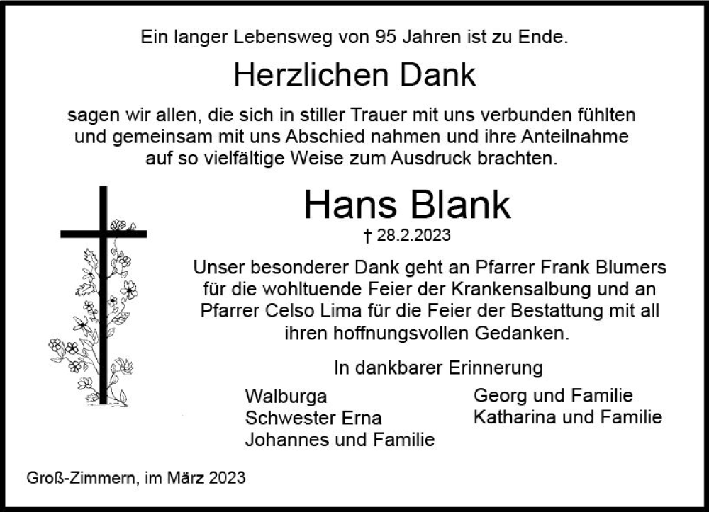  Traueranzeige für Hans Blank vom 18.03.2023 aus Dieburger Anzeiger/Groß-Zimmerner Lokal-Anzeiger