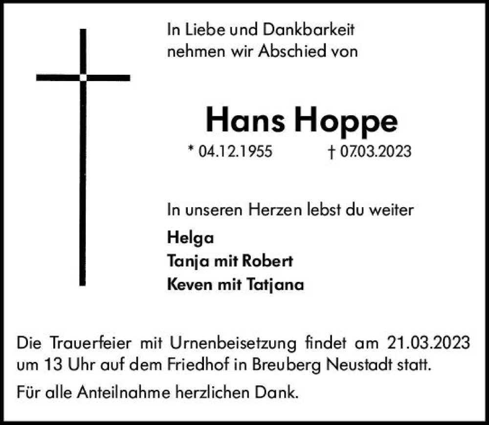  Traueranzeige für Hans Hoppe vom 18.03.2023 aus Odenwälder Echo
