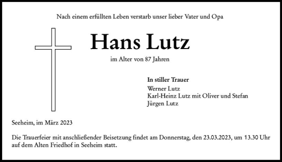 Traueranzeige von Hans Lutz von Darmstädter Echo