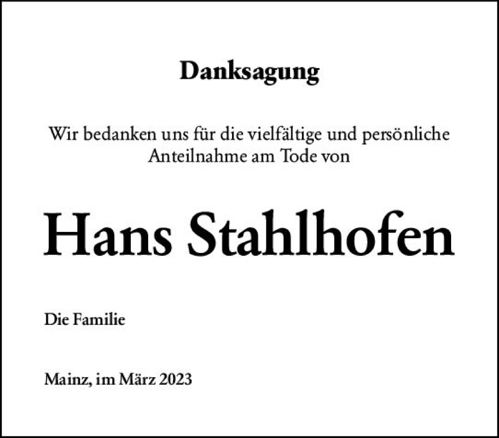  Traueranzeige für Hans Stahlhofen vom 11.03.2023 aus Allgemeine Zeitung Mainz