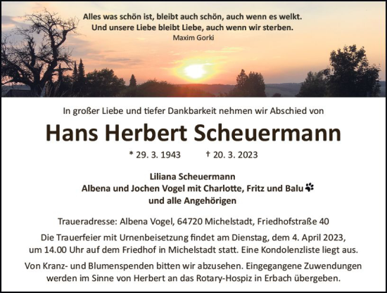 Traueranzeige von Hans Herbert Scheuermann von Odenwälder Echo