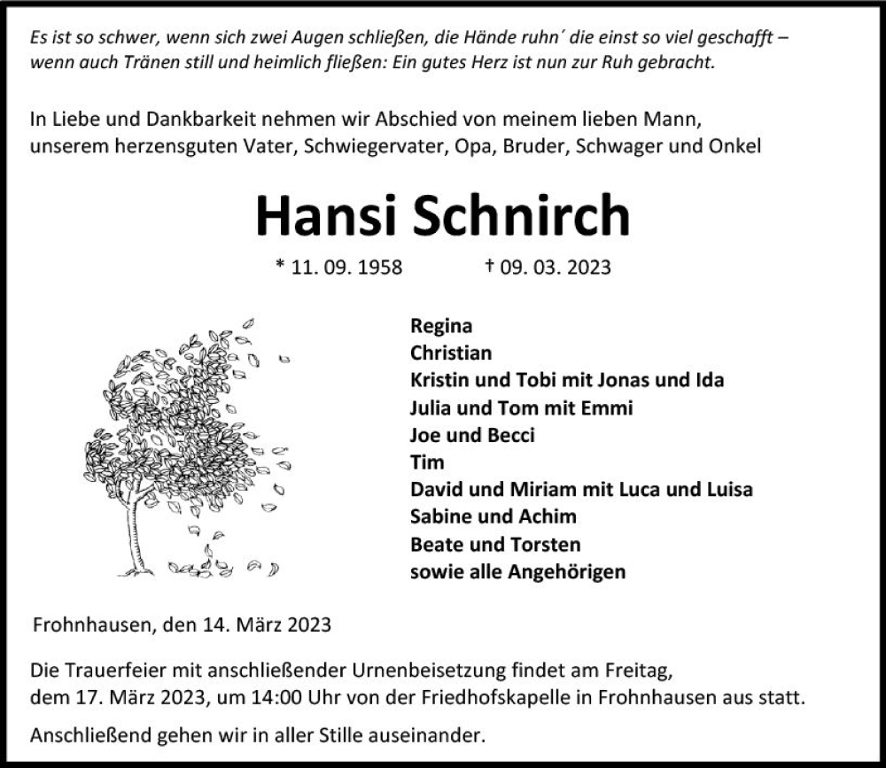  Traueranzeige für Hansi Schnirch vom 14.03.2023 aus Dill Block