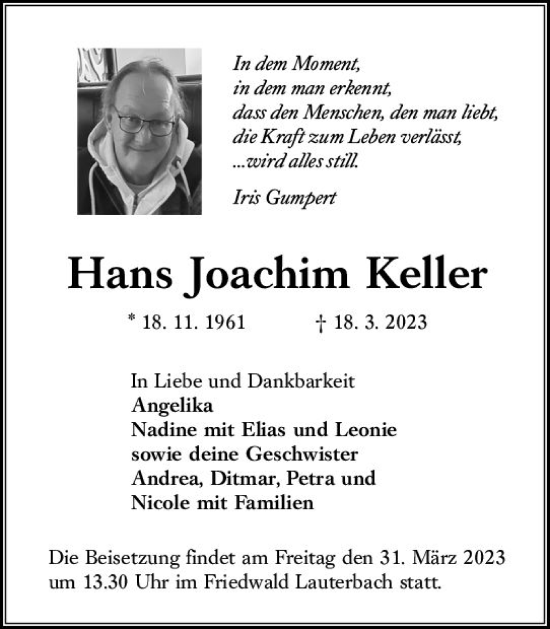Traueranzeige von Hans Joachim Keller von VRM Trauer