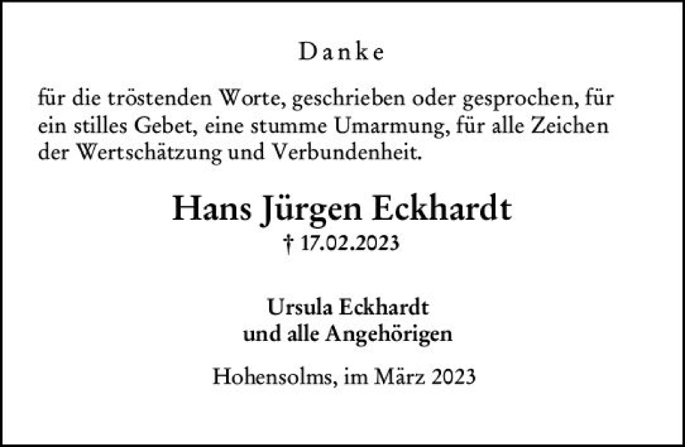  Traueranzeige für Hans Jürgen Eckhardt vom 16.03.2023 aus Wetzlarer Neue Zeitung