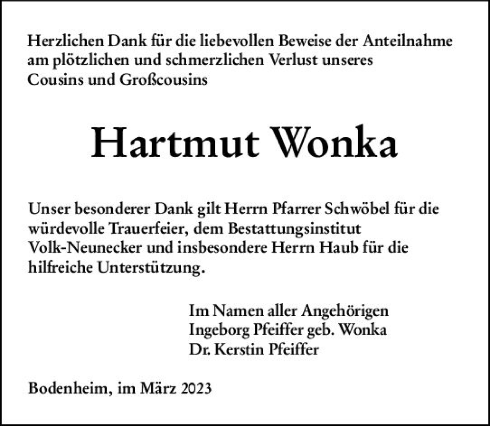  Traueranzeige für Hartmut Wonka vom 11.03.2023 aus Allgemeine Zeitung Mainz