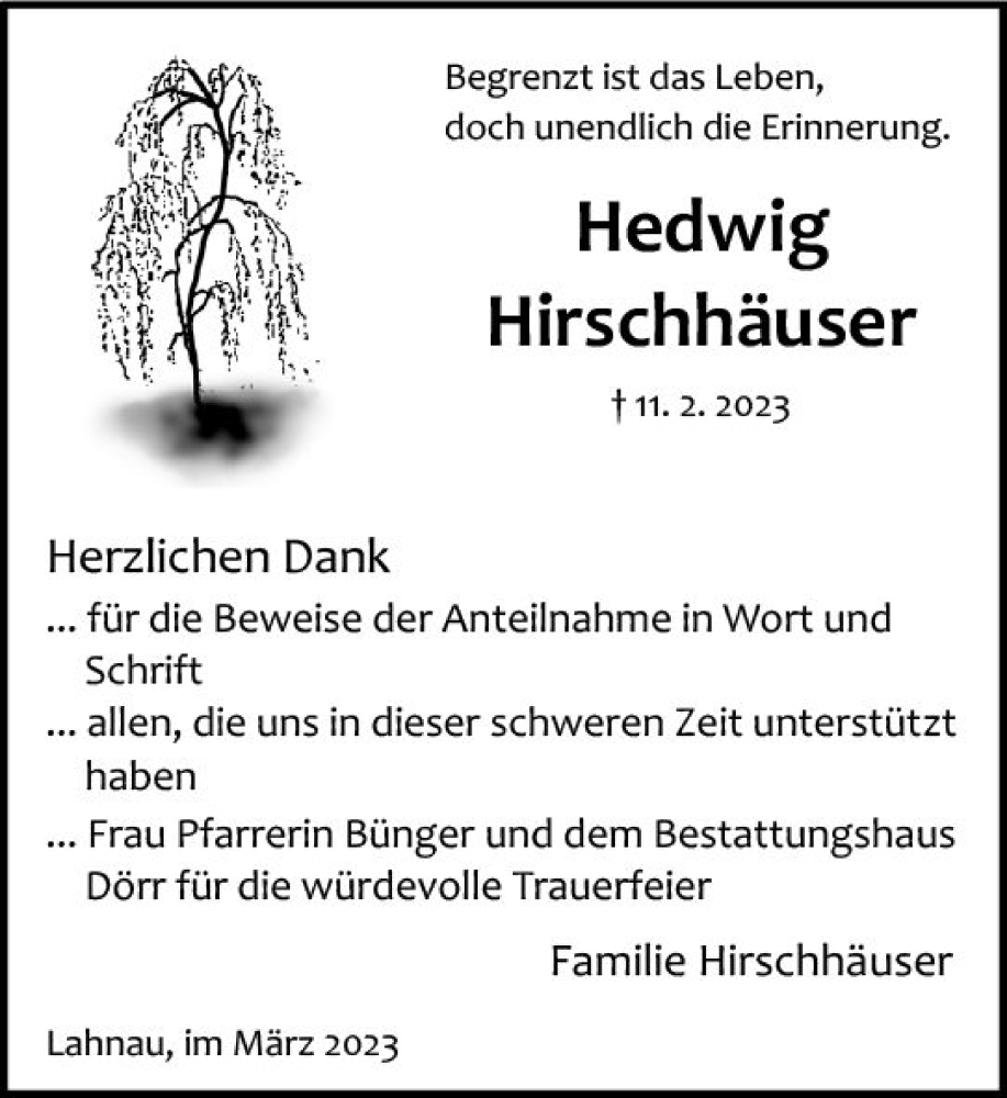  Traueranzeige für Hedwig Hirschhäuser vom 04.03.2023 aus Wetzlarer Neue Zeitung