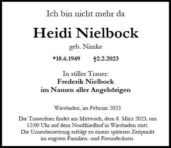 Traueranzeige von Heidi Nielbock von Wiesbadener Kurier
