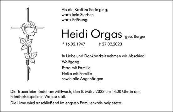 Traueranzeige von Heidi Orgas von Hinterländer Anzeiger