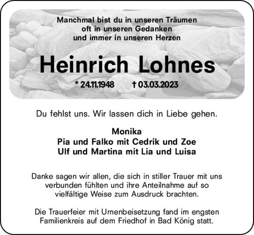  Traueranzeige für Heinrich Lohnes vom 01.04.2023 aus Odenwälder Echo