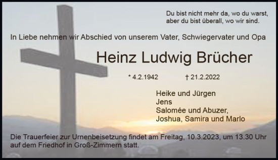 Traueranzeige von Heinz Ludwig Brücher von Dieburger Anzeiger/Groß-Zimmerner Lokal-Anzeiger